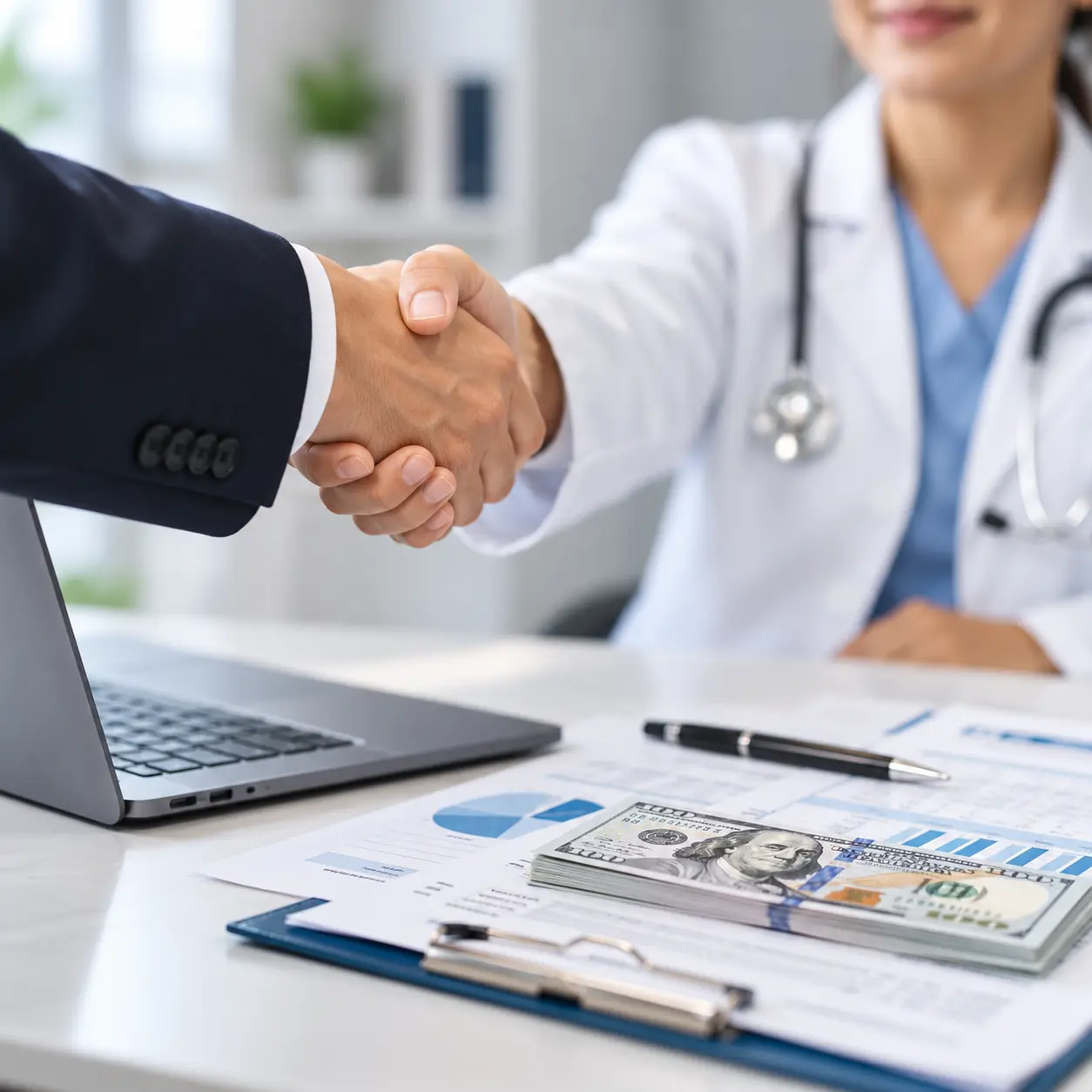 Physician shaking hands with a medical billing specialist over a desk with a laptop, collection reports, and cash